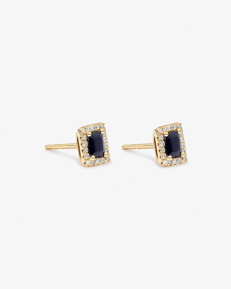 Emerald Cut Blue Sapphire Gemstone and 0.10 Carat TW Diamond Halo Stud Earrings in 10kt Yellow Gold