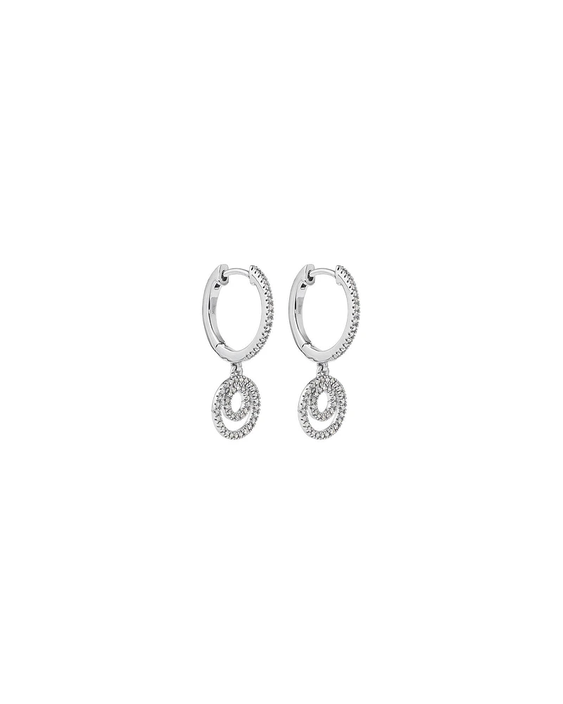 Fine Double Circle Diamond Drop Huggie Earrings in Sterling Silver