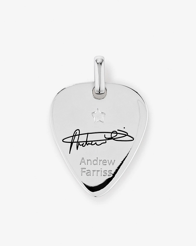 INXS Andrew Farriss Engraved Guitar Pick Pendant with Chain in Recycled Sterling Silver