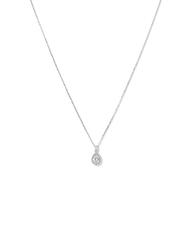 Pear Cubic Zirconia Halo Pendant Necklace in Sterling Silver