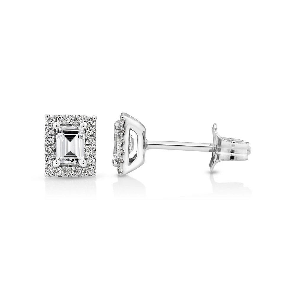 0.46 Carat TW Emerald Diamond Halo Stud Earrings in 10kt White Gold