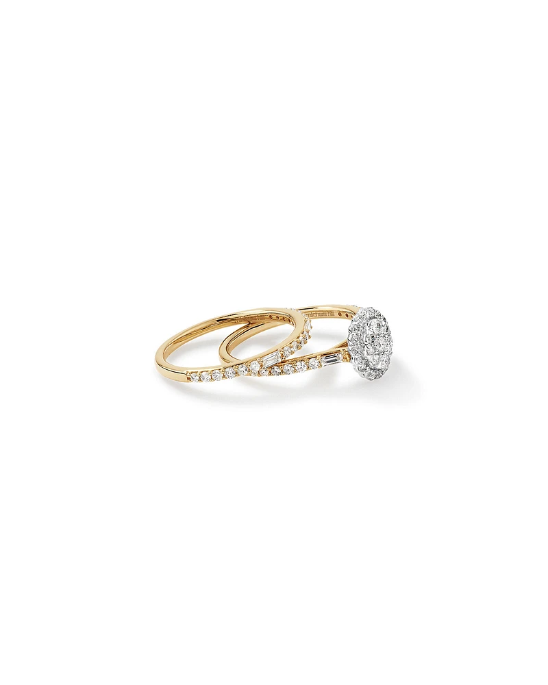 0.75 Carat TW Oval Shaped Cluster Engagement Ring and Wedding Ring Bridal Set in 14kt White and Yellow Gold