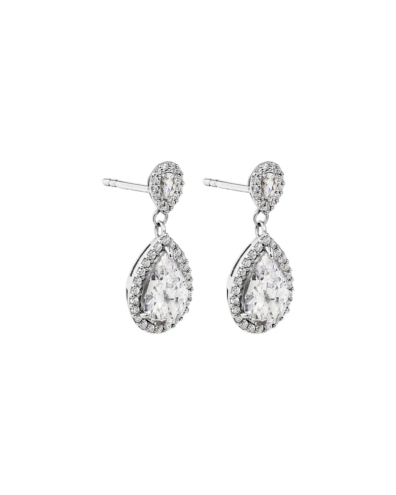 Pear Cubic Zirconia Halo Drop Stud Earrings in Sterling Silver