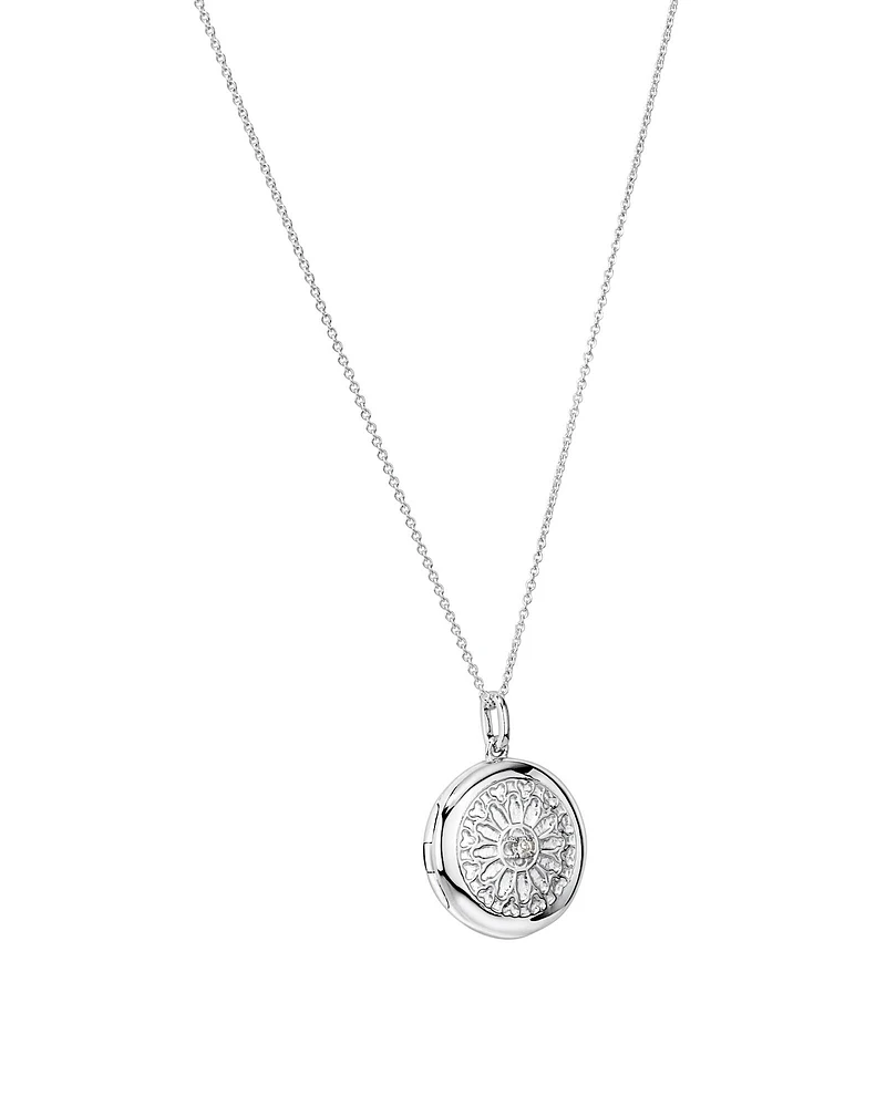 Médaillon rond gravé en argent sterling avec accent de diamant accompagné d'une chaîne