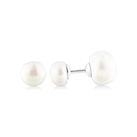 Front & Back Stud Earrings with Button Cultured Freshwater Pearls in Sterling Silver