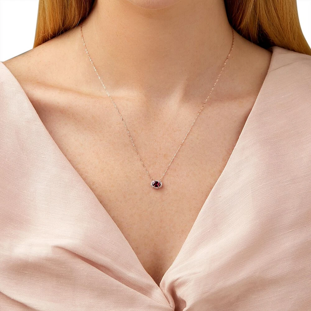 Halo Necklace with Rhodolite Garnet & Diamonds in 10kt Rose Gold