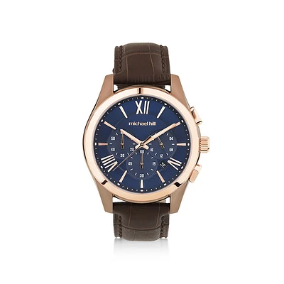 Montre chronographe en acier inoxydable et en cuir brun pour homme