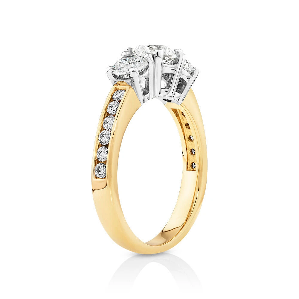 1.50 Carat TW Three Stone Round Brilliant Diamond Engagement Ring in 14kt Yellow and White Gold