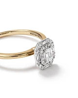 0.51 Carat TW Emerald Cut Diamond Baguette and Round Brilliant Halo Engagement Ring in 14kt Yellow and White Gold