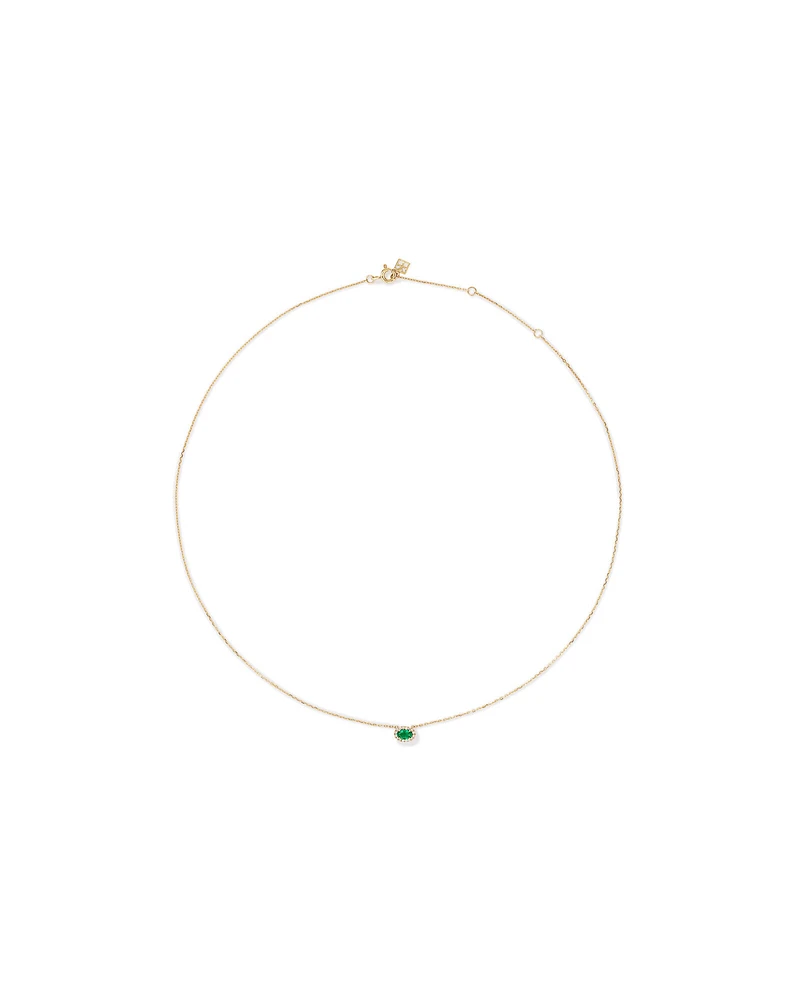 Oval Cut Green Emerald Gemstone and 0.05 Carat TW Diamond Halo Necklace in 10kt Yellow Gold