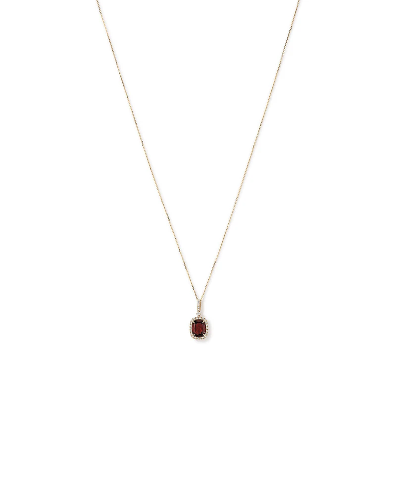 Collier Pendentif Halo En Grenat Rouge Taille Coussin Et Diamants En Or Jaune 10 Carats