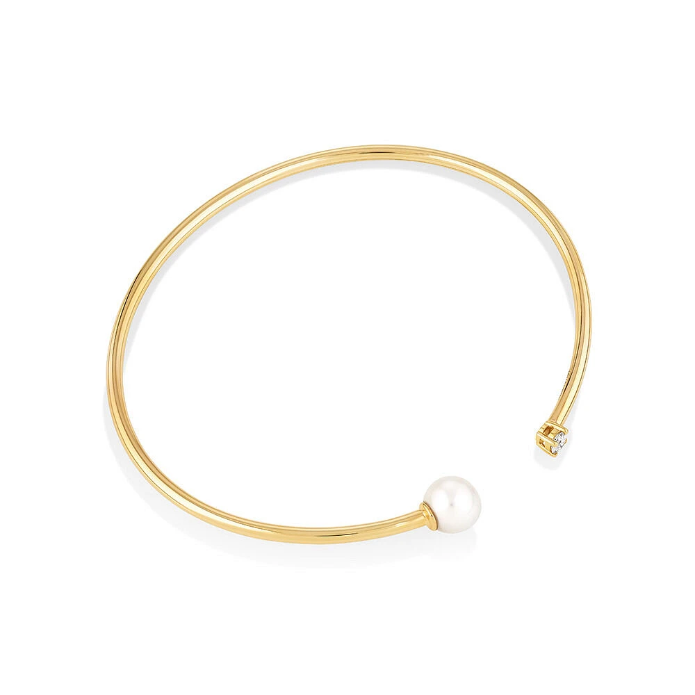 Cultured Freshwater Pearl and Diamond Torque Bangle in 10kt Yellow Gold