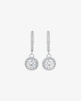 Round Brilliant Cubic Zirconia Halo Drop Hoop Earrings in Sterling Silver