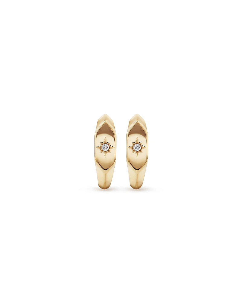 Diamond Star Accent Signet Huggie Hoop Earrings in 10kt Yellow Gold