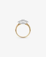 0.69 Carat TW Three Stone Emerald and Pear Cut Diamond Halo Engagement Ring in 14kt Yellow and White Gold