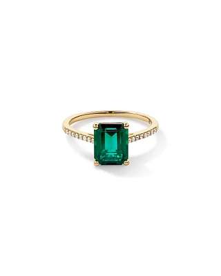 Emerald Cut Green Created Emerald Gemstone and Diamond Ring in 10kt Yellow Gold