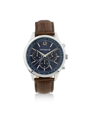 Montre chronographe en acier inoxydable et en cuir brun pour homme