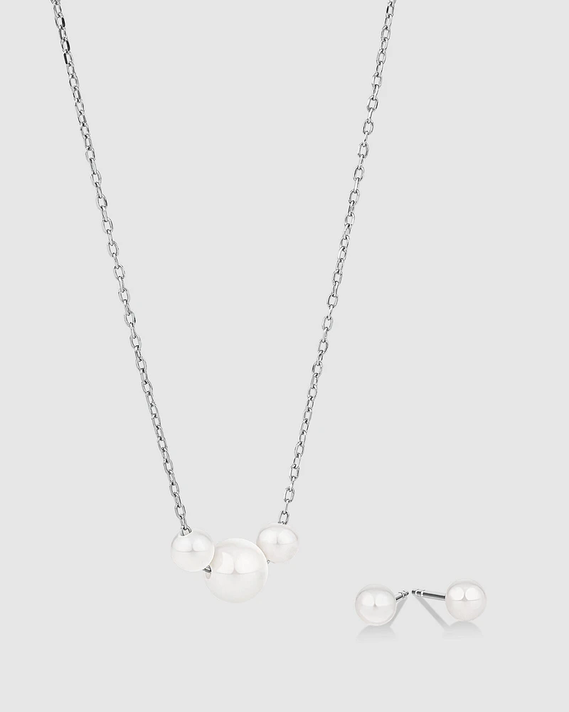 Cultured Freshwater Pearl Stud Earring and Necklace Set in Sterling Silver