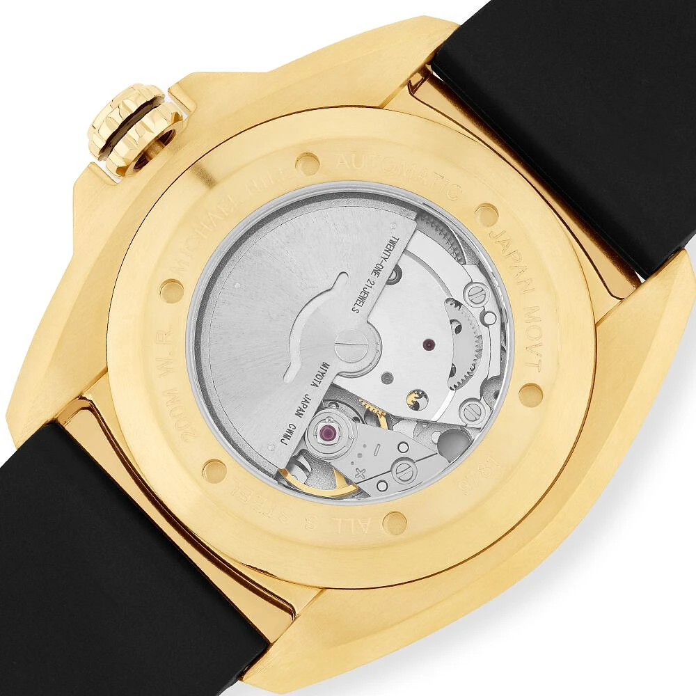 Men's Automatic Watch in Yellow Gold Tone Stainless Steel with Black Dial and Silicone Strap