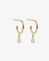 Boucles d'Oreilles Créoles Clous avec Breloque Poire en Zircon Cubique en Or Jaune 10 kt