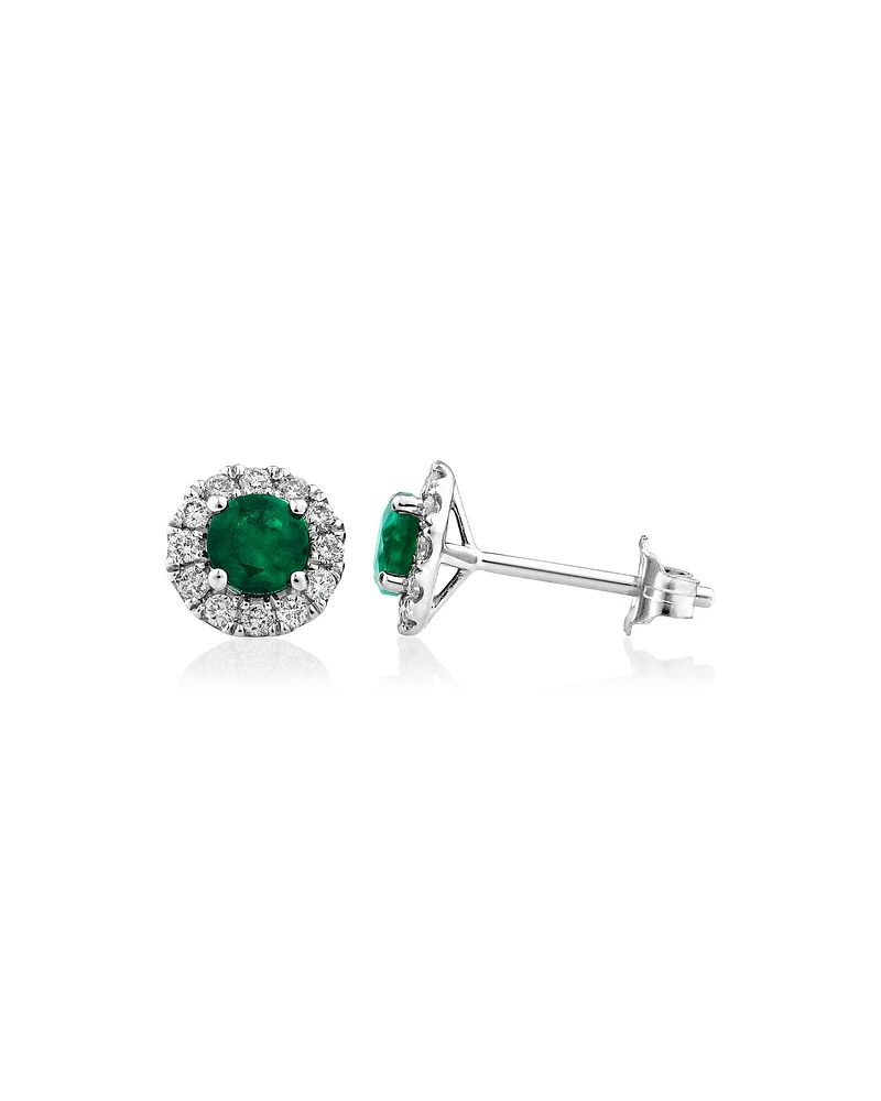 Halo Stud Earrings with Natural Emerald & 0.28 Carat TW of Diamonds in 10kt White Gold