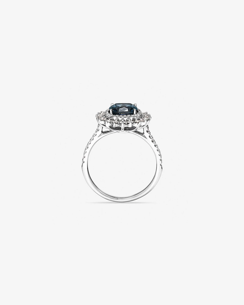 London Blue Topaz Lacy Halo Ring with .50TW of Diamonds in 10kt White Gold