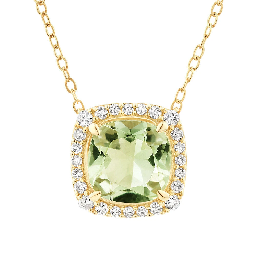 Halo Necklace with Green Amethyst & 0.15 Carat TW of Diamonds in 10kt Yellow Gold