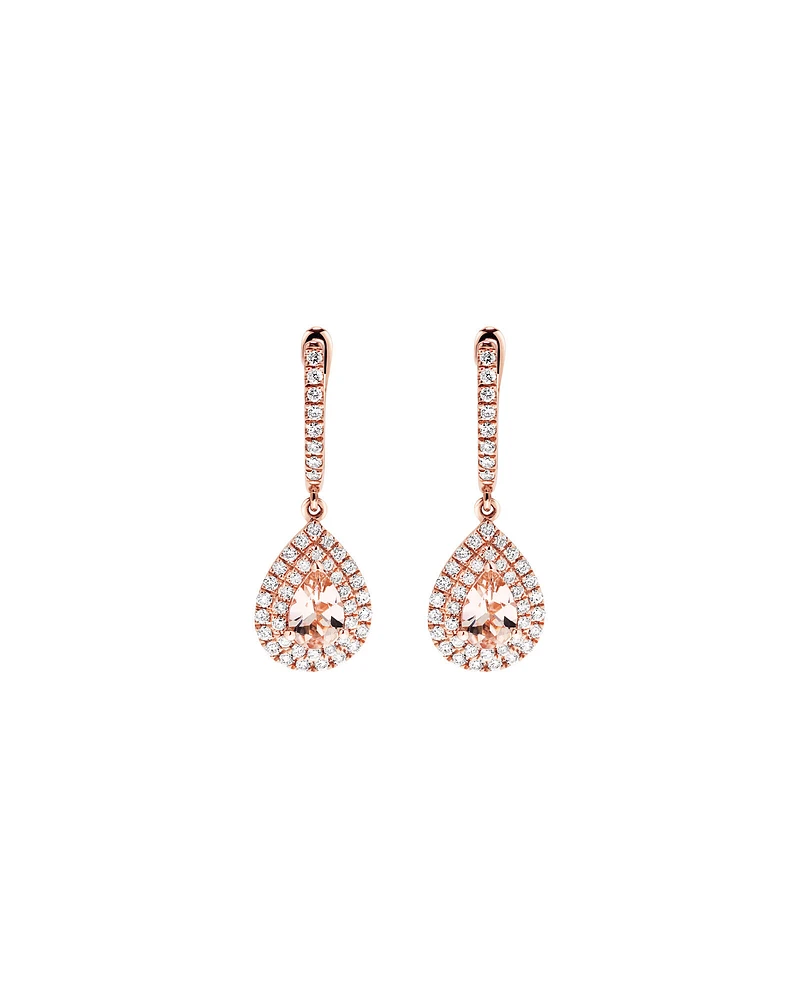 Pear Cut Morganite Gemstone and 0.40 Carat TW Diamond Halo Huggie Drop Earrings in 10kt Rose Gold