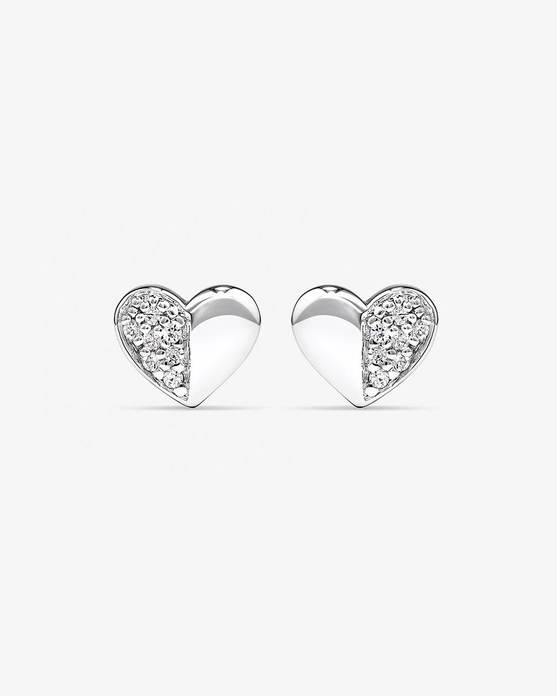 Pave Heart Stud Earrings with Cubic Zirconia in Sterling Silver