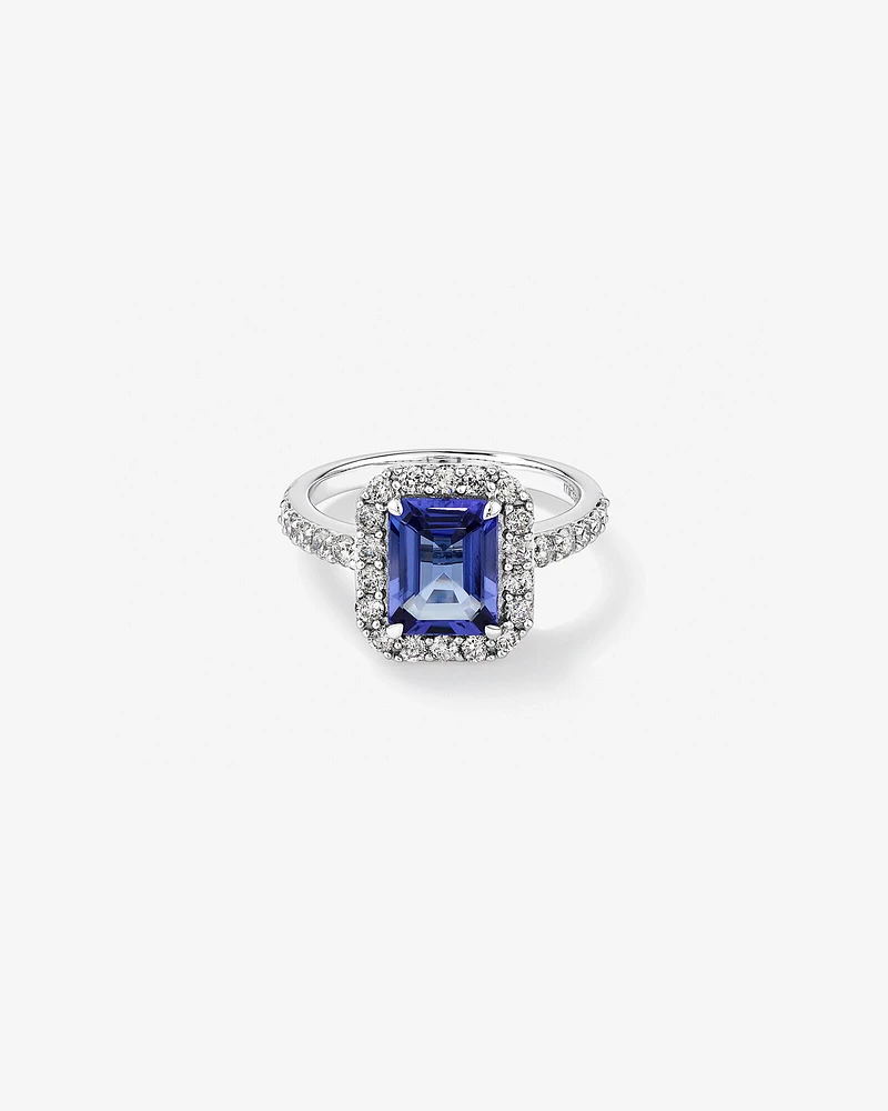 Halo Ring with Tanzanite & 0.75 Carat TW of Diamonds in 14kt White Gold