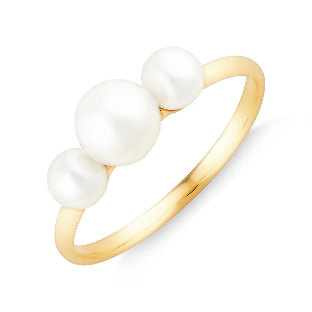 3 Stone Ring with Cultured Freshwater Pearls in 10kt Yellow Gold