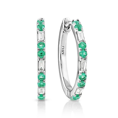 Emerald & Diamond Dot Dash Hoop Earrings with 0.14 Carat TW in 10kt White Gold