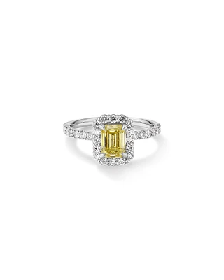 Bague de fiançailles halo en diamant jaune taillé émeraude de 1,58 carat TW, en or blanc 14 kt