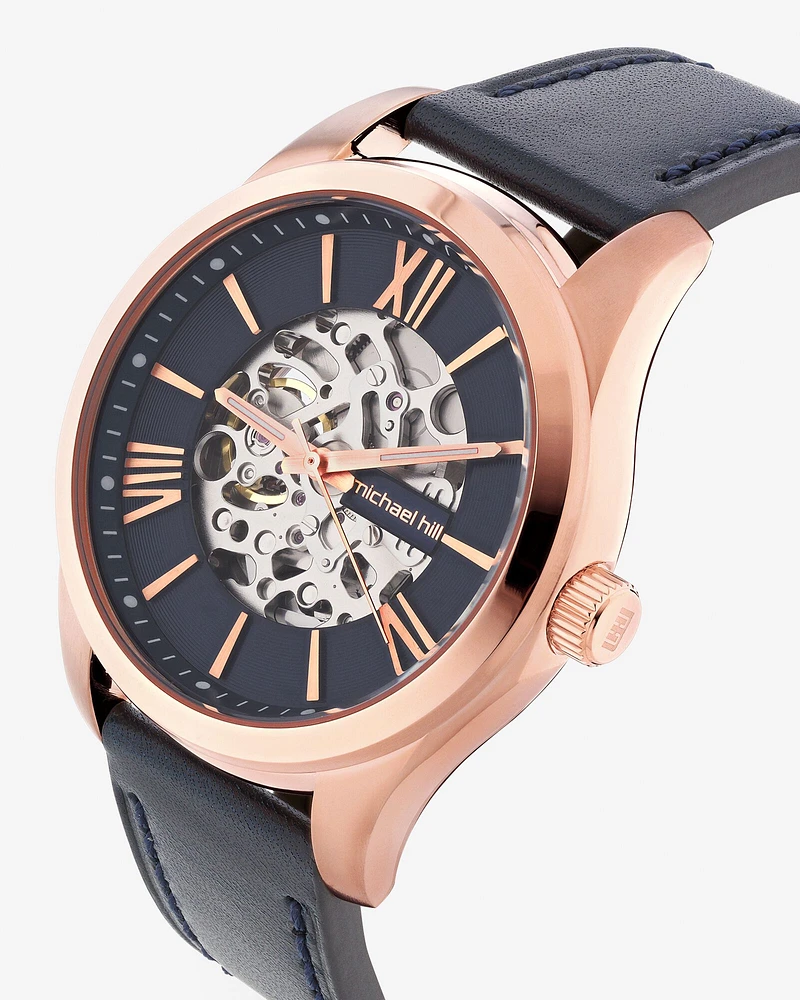 Michael Hill Automatic Skeleton Watch In Gold Tone Stainless Steel And Leather