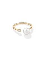 Cultured Freshwater Pearl and Diamond Open Ring in 10kt Yellow Gold