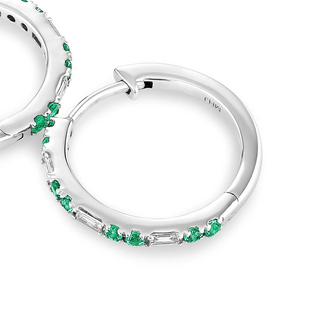 Emerald & Diamond Dot Dash Hoop Earrings with 0.14 Carat TW in 10kt White Gold