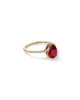 Pear Cut Red Created Ruby Gemstone and Diamond Ring in 10kt Yellow Gold