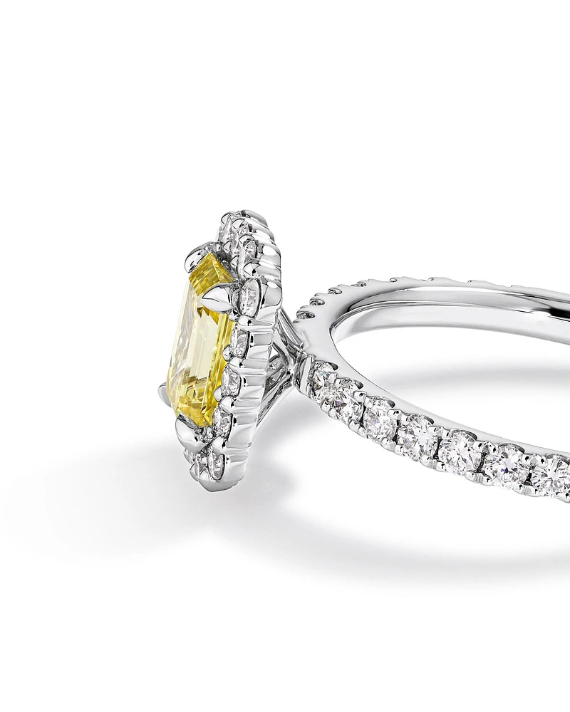 1.58 Carat TW Yellow Emerald Cut Laboratory-Grown Diamond Halo Engagement Ring in 14kt White Gold