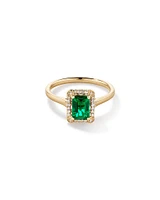 Emerald Cut Created Emerald and Diamond Halo Ring in 10kt Yellow Gold