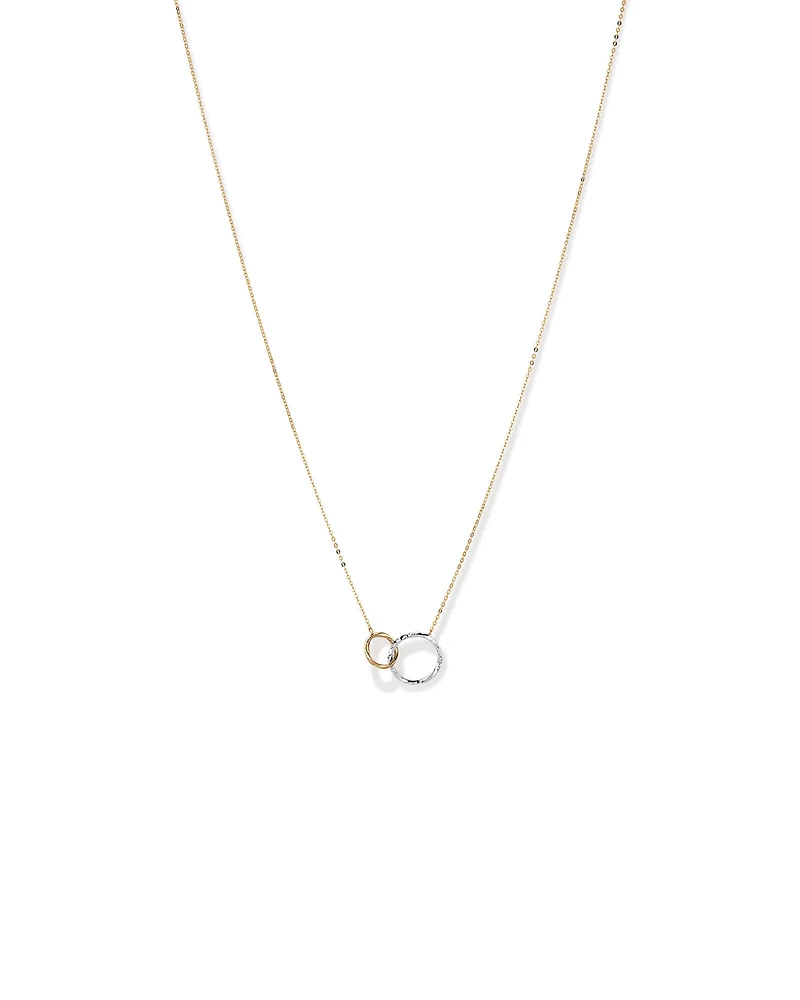 Two-Tone Double Circle Link Hammered Finish Necklace in 10kt White & Yellow Gold