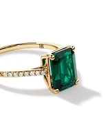 Emerald Cut Green Created Emerald Gemstone and Diamond Ring in 10kt Yellow Gold