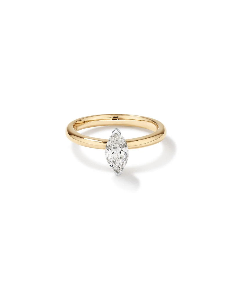 Bague de fiançailles solitaire diamant taille marquise certifiée TW de 0,70 carat en or jaune et blanc 18 carats