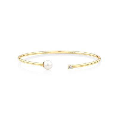 Cultured Freshwater Pearl and Diamond Torque Bangle in 10kt Yellow Gold
