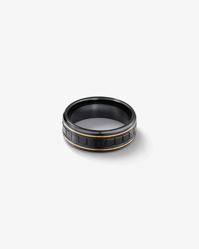 Square Texture Ring in Black Titanium with 10kt Yellow Gold Inlays