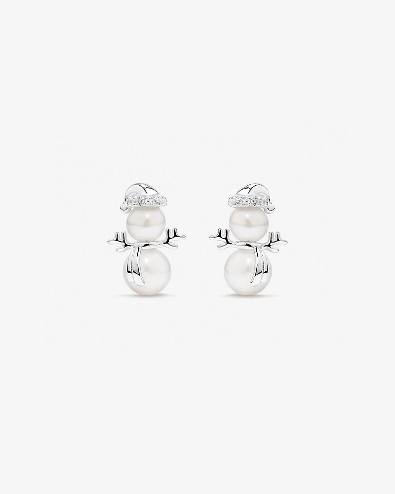 Pearl and Cubic Zirconia Snowman Stud Earrings in Sterling Silver