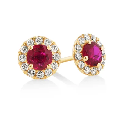 Halo Stud Earrings with Natural Ruby & 0.28 Carat TW of Diamonds in 10kt Gold