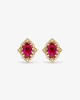 Oval Cut Created Ruby and Diamond Halo Stud Earrings in 10kt Yellow Gold