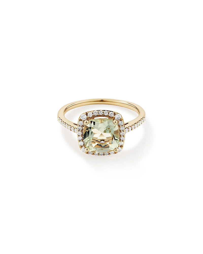 Cushion Cut Green Amethyst Gemstone and 0.25 Carat TW Diamond Halo Ring in 10kt Yellow Gold