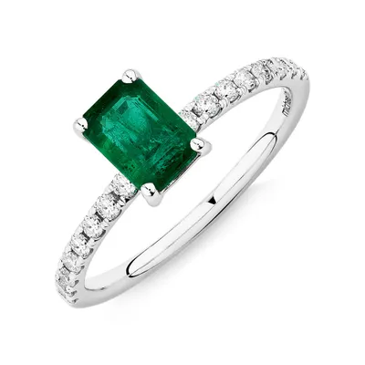 Solitaire Emerald Ring with 0.25 Carat TW of Diamonds in 10kt White Gold