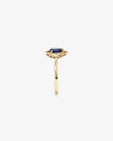 Pear Cut Created Sapphire and Diamond Halo Ring in 10kt Yellow Gold